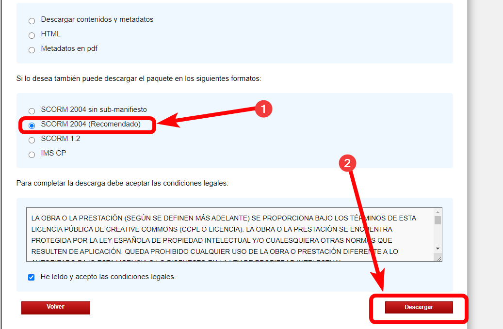 elegimos scorm 2004 y descargar