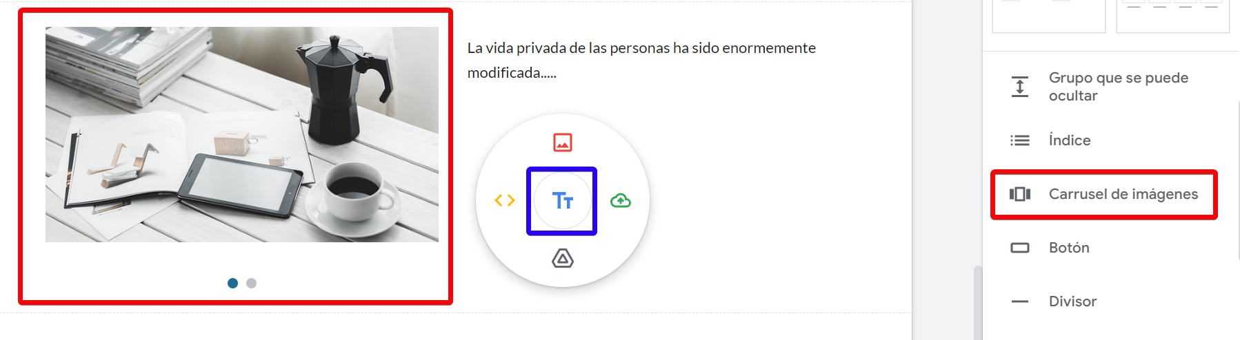 texto + carrusel