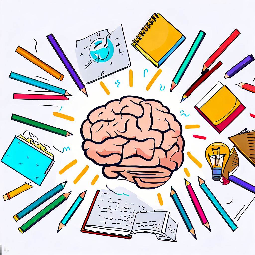 Un cerebro con varias herramientas de estudio alrededor