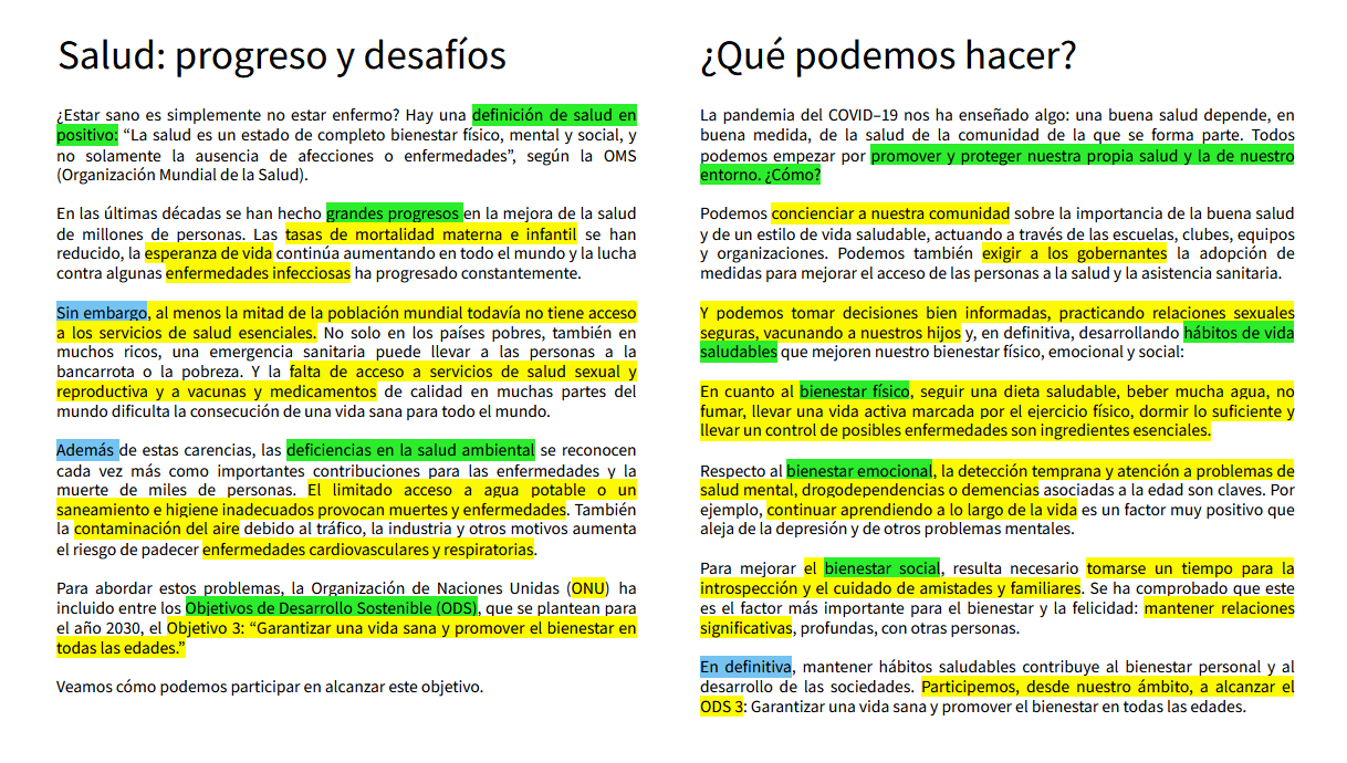 Texto sobre la salud marcado